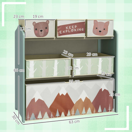 Kids Storage Unit with 6 Fabric Bins Toy Organizer 63x30x66cm - Green