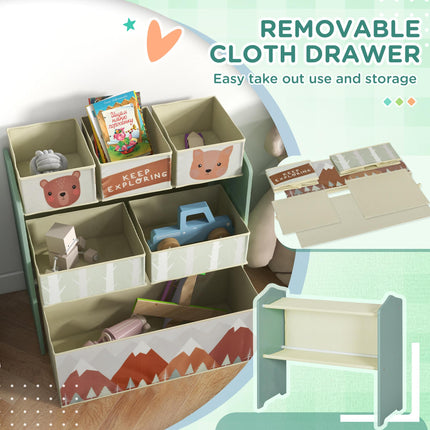 Kids Storage Unit with 6 Fabric Bins Toy Organizer 63x30x66cm - Green