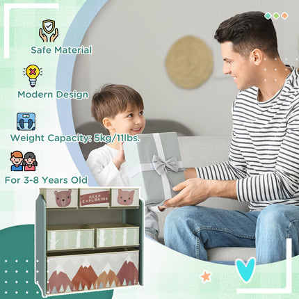 Kids Storage Unit with 6 Fabric Bins Toy Organizer 63x30x66cm - Green