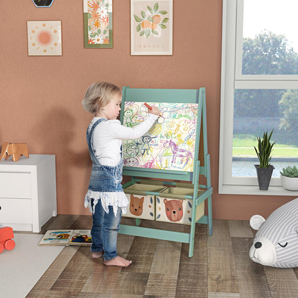 3-in-1 Kids Art Easel with Storage, Paper Roll & Animal Design - Green