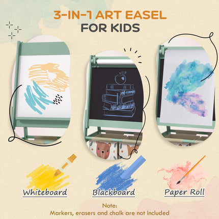 3-in-1 Kids Art Easel with Storage, Paper Roll & Animal Design - Green