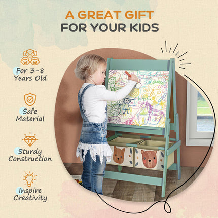 3-in-1 Kids Art Easel with Storage, Paper Roll & Animal Design - Green