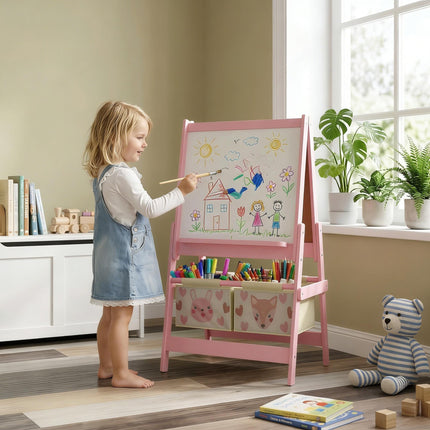 Three-In-One Kids Art Easel with Storage Baskets and Paper Roll - Pink
