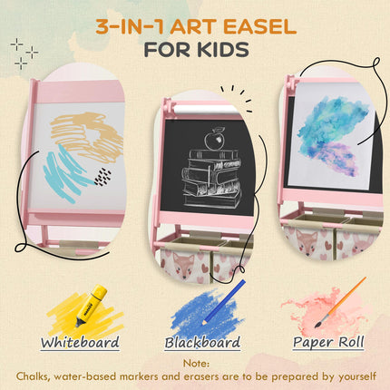 Three-In-One Kids Art Easel with Storage Baskets and Paper Roll - Pink