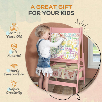 Three-In-One Kids Art Easel with Storage Baskets and Paper Roll - Pink