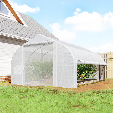 4x3m Walk-in Polytunnel Greenhouse with PE Cover and Roll-Up Sidewalls - White