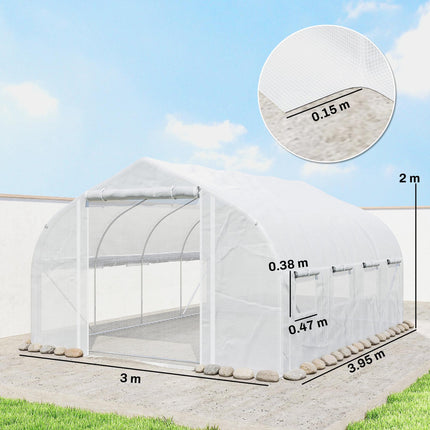 4x3m Walk-in Polytunnel Greenhouse with PE Cover and Roll-Up Sidewalls - White