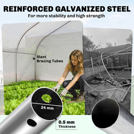 4x3m Walk-in Polytunnel Greenhouse with PE Cover and Roll-Up Sidewalls - White
