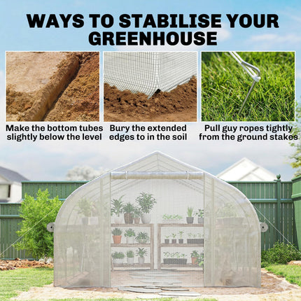4x3m Walk-in Polytunnel Greenhouse with PE Cover and Roll-Up Sidewalls - White