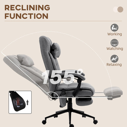 Vibration Massage Office Chair with Heat, Reclining Fabric Computer Chair with Head Pillow, Footrest & Armrest - Grey