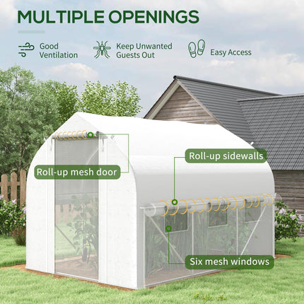 3 Piece Walk-In Polytunnel Greenhouse Set with Mesh Windows and PE Cover - White