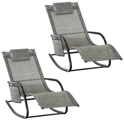 2Pcs Garden Patio Rocking Chairs with Breathable Mesh, Headrest Pillow & Side Storage Bag - Dark Grey