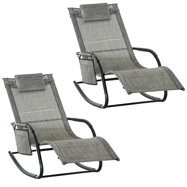2Pcs Garden Patio Rocking Chairs with Breathable Mesh, Headrest Pillow & Side Storage Bag - Dark Grey