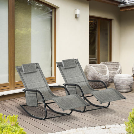 2Pcs Garden Patio Rocking Chairs with Breathable Mesh, Headrest Pillow & Side Storage Bag - Dark Grey