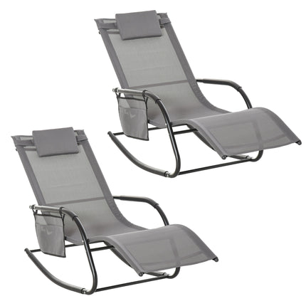 2Pcs Garden Patio Rocking Chairs with Breathable Mesh, Removable Headrest & Side Storage Bag - Grey