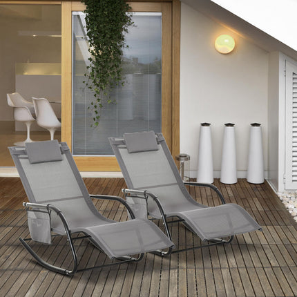2Pcs Garden Patio Rocking Chairs with Breathable Mesh, Removable Headrest & Side Storage Bag - Grey