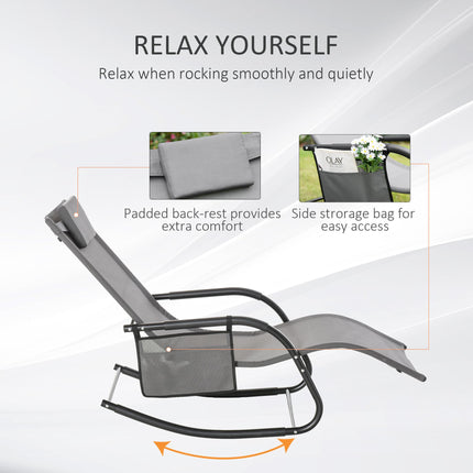 2Pcs Garden Patio Rocking Chairs with Breathable Mesh, Removable Headrest & Side Storage Bag - Grey