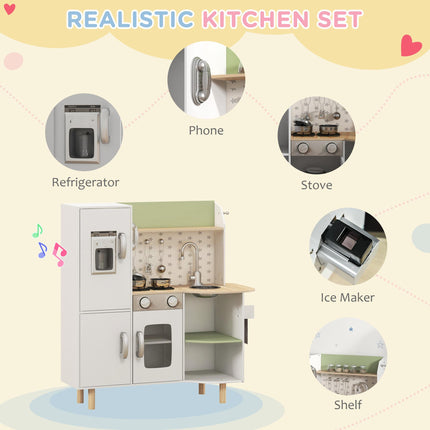 Kids Toy Kitchen Playset with Phone, Ice Maker, Stove, Sink & Utensils for Ages 3-6 - White