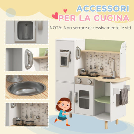 Kids Toy Kitchen Playset with Phone, Ice Maker, Stove, Sink & Utensils for Ages 3-6 - White