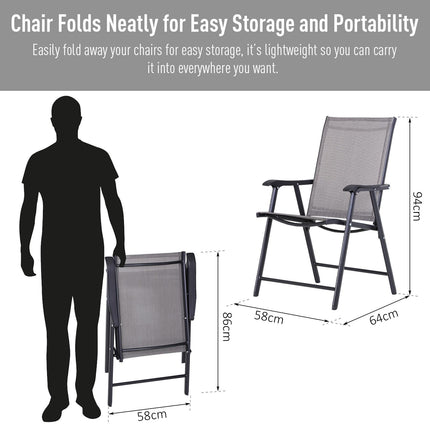 Set of 4 Folding Metal Frame Garden Chairs with Breathable Mesh Seat - Grey