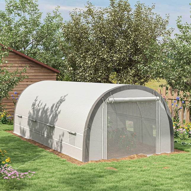 6 x 3 Metre Polytunnel Greenhouse with Steel Frame and Mesh Door - White