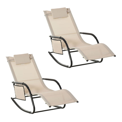 2Pcs Patio Garden Rocking Chairs with Breathable Mesh, Removable Headrest & Side Storage Bag - Cream White