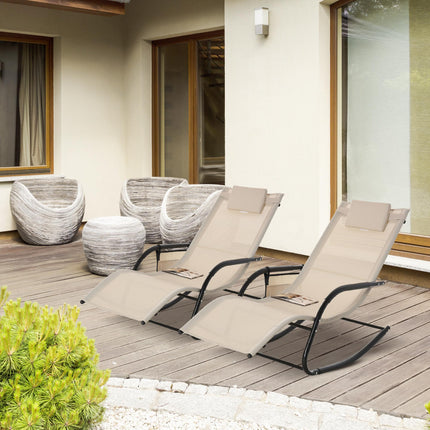 2Pcs Patio Garden Rocking Chairs with Breathable Mesh, Removable Headrest & Side Storage Bag - Cream White