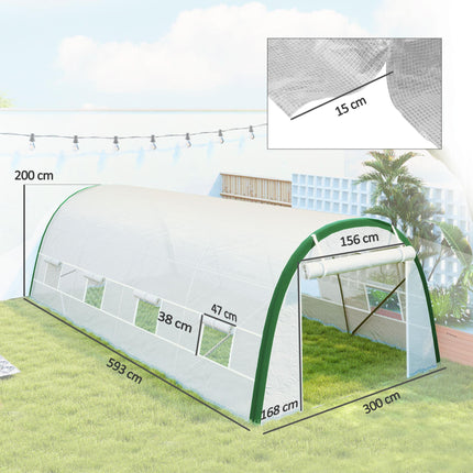 Walk-in Polytunnel Greenhouse Tunnel Warm House Tent with Zipped Doors, 8 Mesh Windows, PE Cover, 6 x 3 m, White