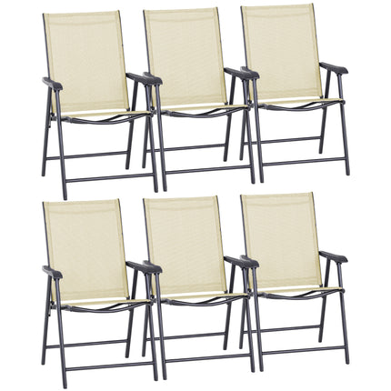 Set of 6 Folding Metal Frame Garden Chairs with Breathable Mesh Seats - Beige