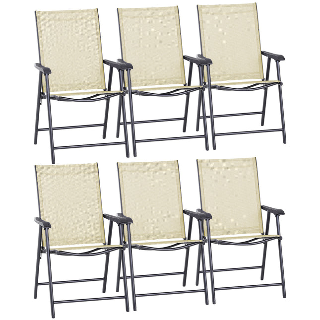 Set of 6 Folding Metal Frame Garden Chairs with Breathable Mesh Seats - Beige