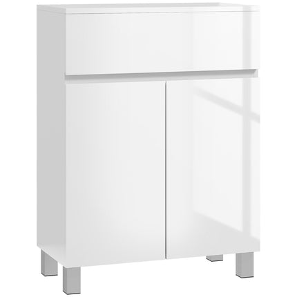 High Gloss Freestanding Bathroom Cabinet with Drawer and Adjustable Shelf - White
