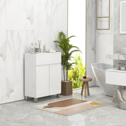 High Gloss Freestanding Bathroom Cabinet with Drawer and Adjustable Shelf - White