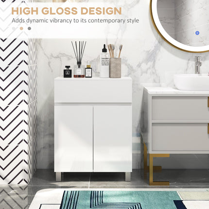 High Gloss Freestanding Bathroom Cabinet with Drawer and Adjustable Shelf - White