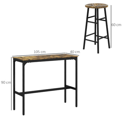 3 Piece Bar Table Set with 2 Stools, Industrial Bar Table and Stool Set, Dining Table and Chair Set, Rustic Brown