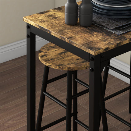 3 Piece Bar Table Set with 2 Stools, Industrial Bar Table and Stool Set, Dining Table and Chair Set, Rustic Brown