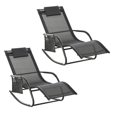 2Pcs Garden Rocking Chair Set with Breathable Mesh, Removable Headrest & Side Storage Bag - Black