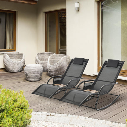 2Pcs Garden Rocking Chair Set with Breathable Mesh, Removable Headrest & Side Storage Bag - Black