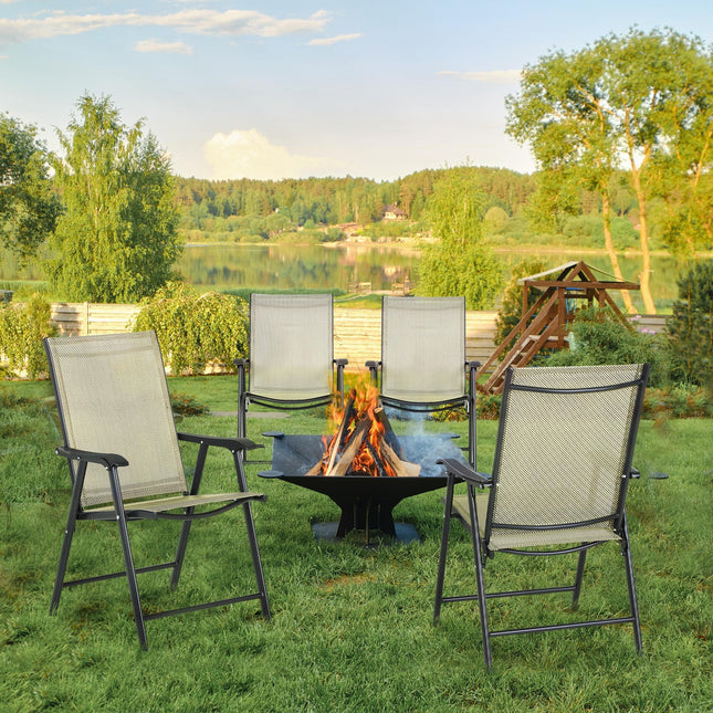 Set of 4 Folding Metal Frame Garden Chairs with Breathable Mesh Seat - Beige