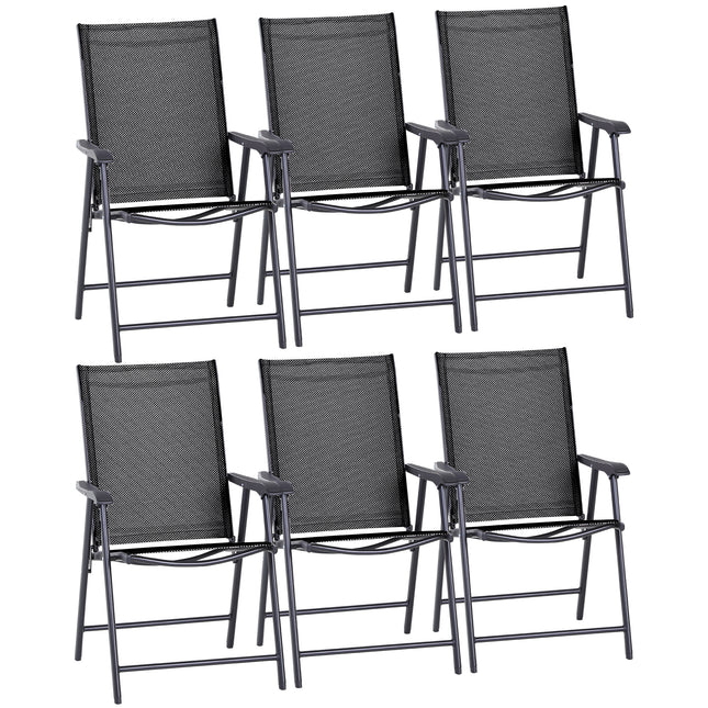 Set of 6 Folding Metal Frame Garden Chairs with Breathable Mesh Seat - Black