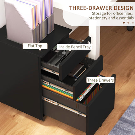 3-Drawer Vertical Steel Filing Cabinet with Lock, Pencil Tray & Adjustable Hanging Bar for A4 Legal Files - Black