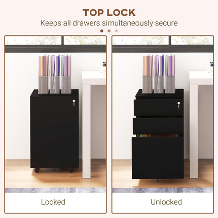 3-Drawer Vertical Steel Filing Cabinet with Lock, Pencil Tray & Adjustable Hanging Bar for A4 Legal Files - Black