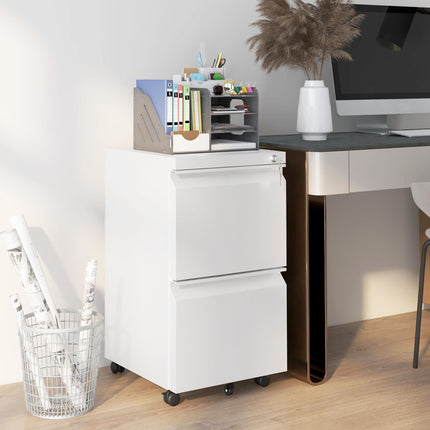 2 Drawer Mobile Steel Filing Cabinet with Lock and Adjustable Hanging Bar - White