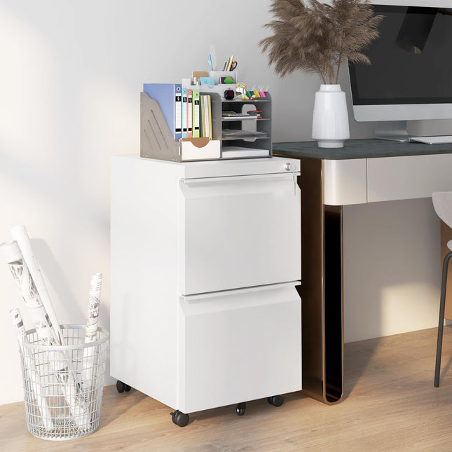 2 Drawer Mobile Steel Filing Cabinet with Lock and Adjustable Hanging Bar - White