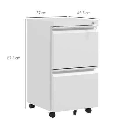 2 Drawer Mobile Steel Filing Cabinet with Lock and Adjustable Hanging Bar - White