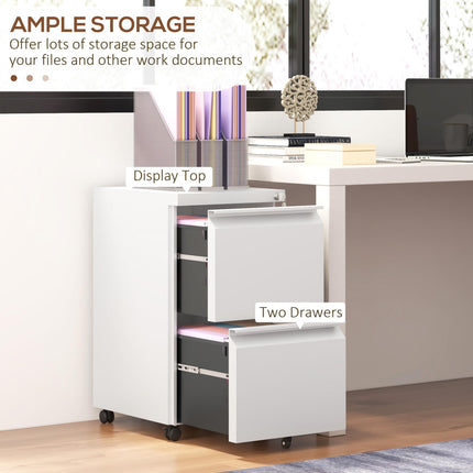 2 Drawer Mobile Steel Filing Cabinet with Lock and Adjustable Hanging Bar - White