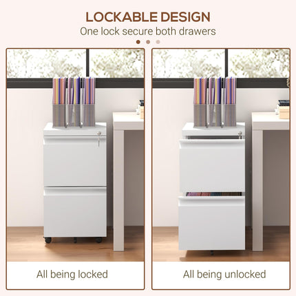 2 Drawer Mobile Steel Filing Cabinet with Lock and Adjustable Hanging Bar - White