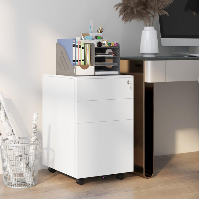 3-Drawer Vertical Steel Filing Cabinet with Lock, Pencil Tray & Adjustable Hanging Bar for A4 & Letter - White