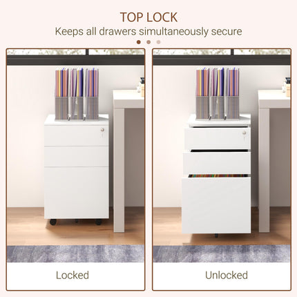 3-Drawer Vertical Steel Filing Cabinet with Lock, Pencil Tray & Adjustable Hanging Bar for A4 & Letter - White