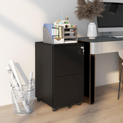 2 Drawer Mobile Steel Filing Cabinet with Lock - Black