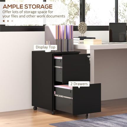 2 Drawer Mobile Steel Filing Cabinet with Lock - Black